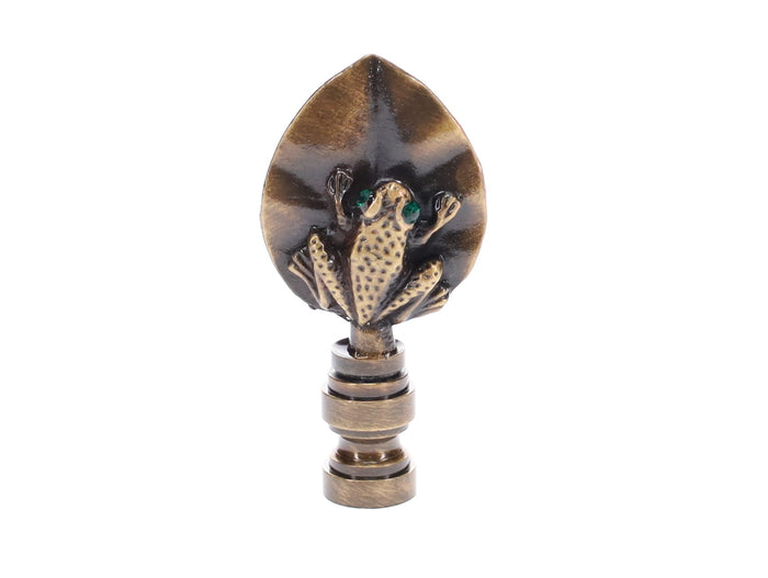 2-3/8" Tall Tree Frog Design Cast Metal Finial Antique Brass Finish 1/4-27F Tap (11239A)