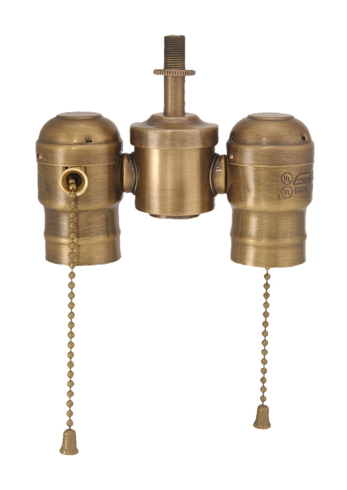 2-lite Cluster w/Pull-chain Sockets, Antique Brass