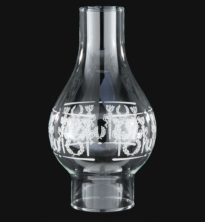 3" Fitter,  9-1/4" Tall Clear Diana Decorated Lamp Chimney