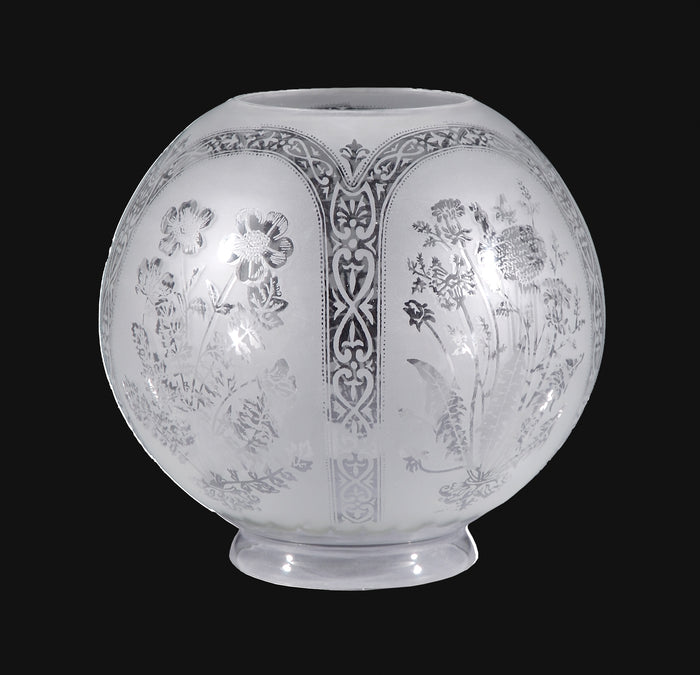 8" Five-Scene Floral Etched Gas Shade, 4 inch fitter