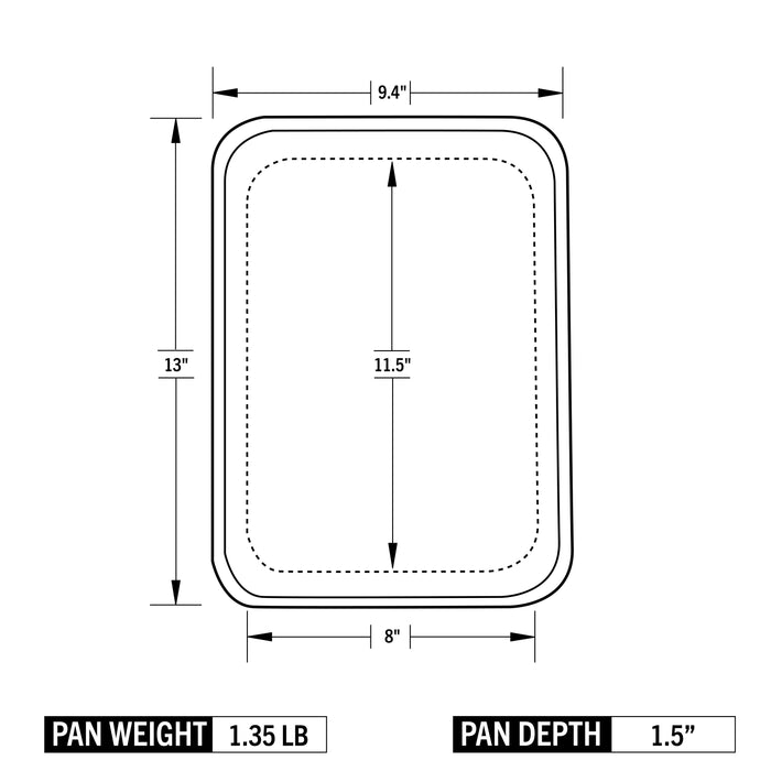 Measurement chart of a rectangular pan with dimensions and weight on a white background