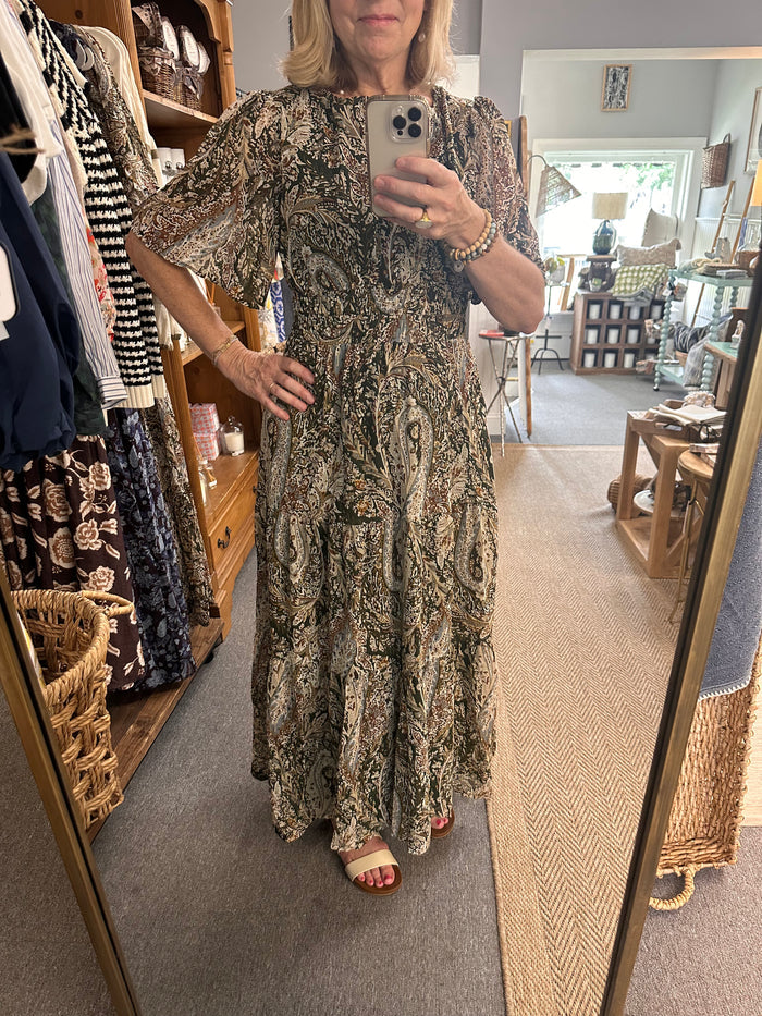 Flutter Sleeve Tiered Maxi Dress, olive