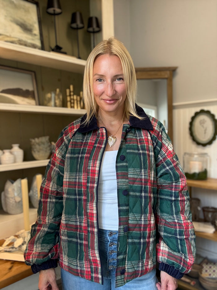 Plaid Quilted Jacket w/ corduroy detail, barn red + forest green