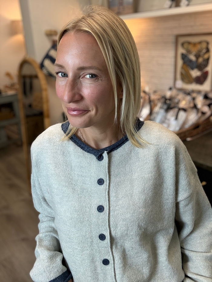 Color Trim Cardigan, grey + heathered navy AND oatmeal + coral