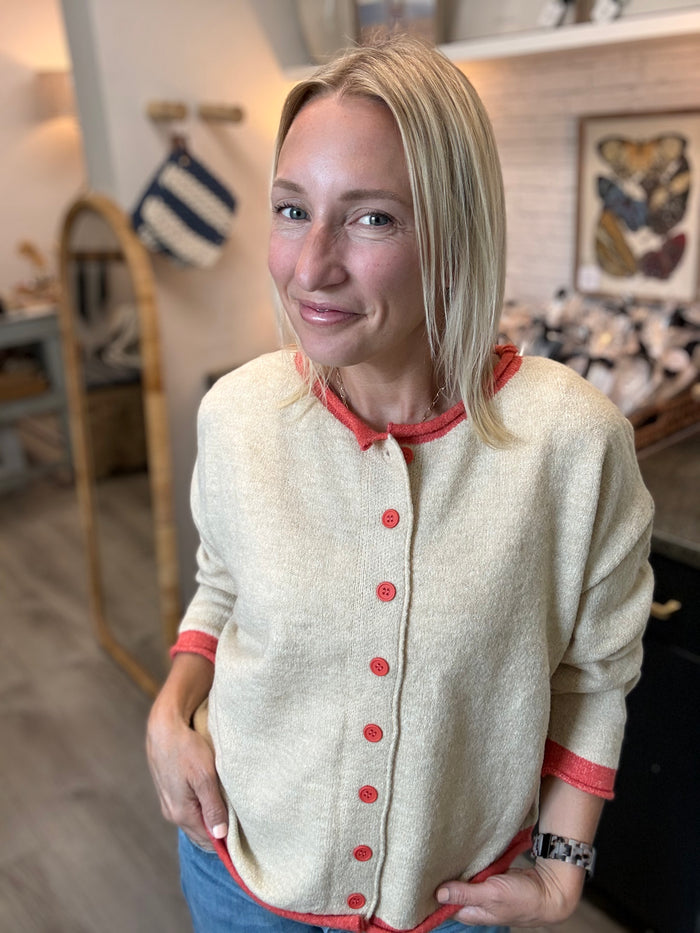 Color Trim Cardigan, grey + heathered navy AND oatmeal + coral