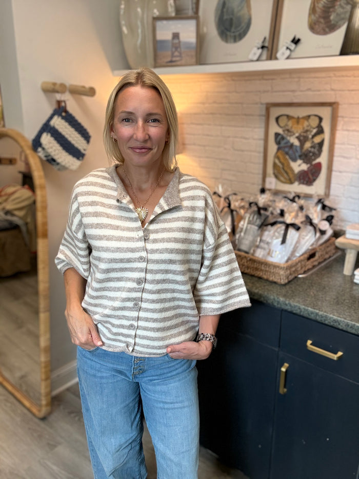 Quarter Sleeve Striped Cardigan