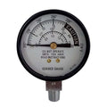 An All American stainless steel geared steam gauge with a dial indicating gauge readings. It has a black and white color scheme with metallic accents.