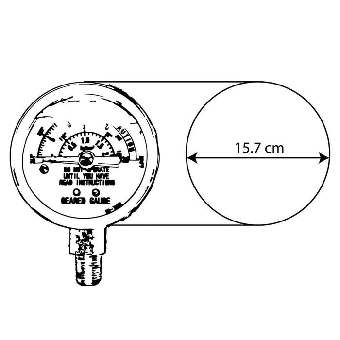 Drawing of All American presure cooker canners geared steam gauge with dimensions on a white background