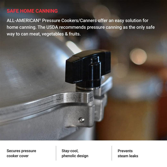 All American Pressure Cooker/Canners Replacement Wing Nut with description on safe home canning on this pressure canner