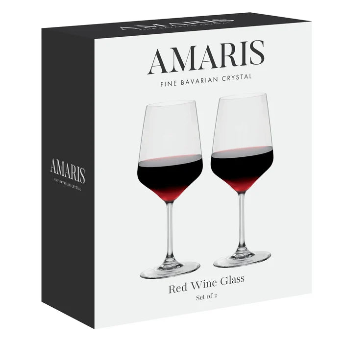 Amaris red wine glass set in its retail packaging, featuring a white box with black side panel and printed images of two clear stemmed wine glasses filled with red wine.