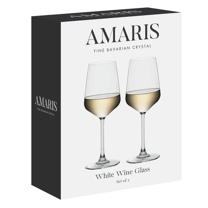 Amaris White Wine Glass set of 2 in its original packaging box. The box is white with a black side panel and features a graphic of two elegant crystal wine glasses filled with white wine.