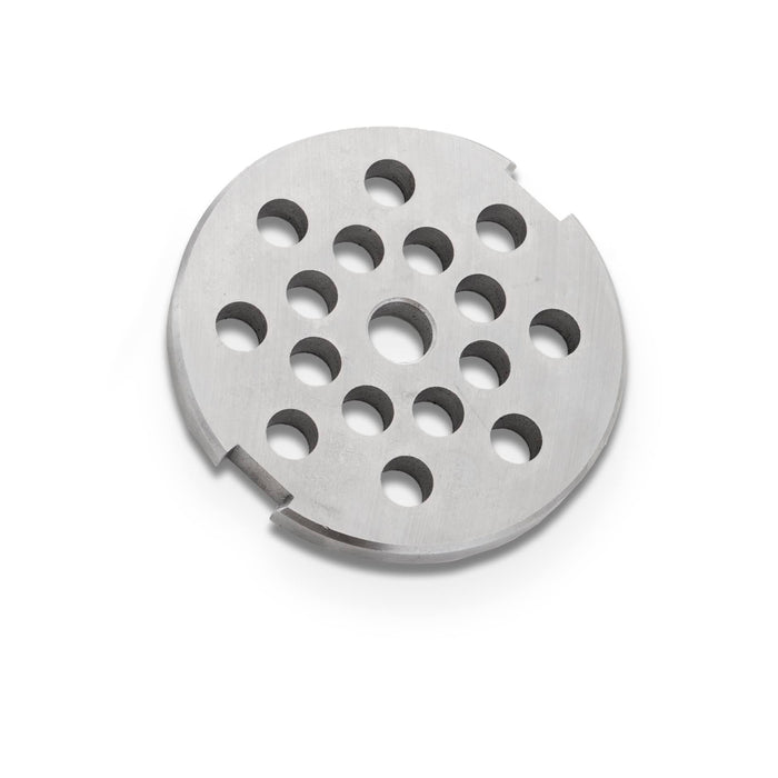 Metal grinder plate with circular holes on a white background