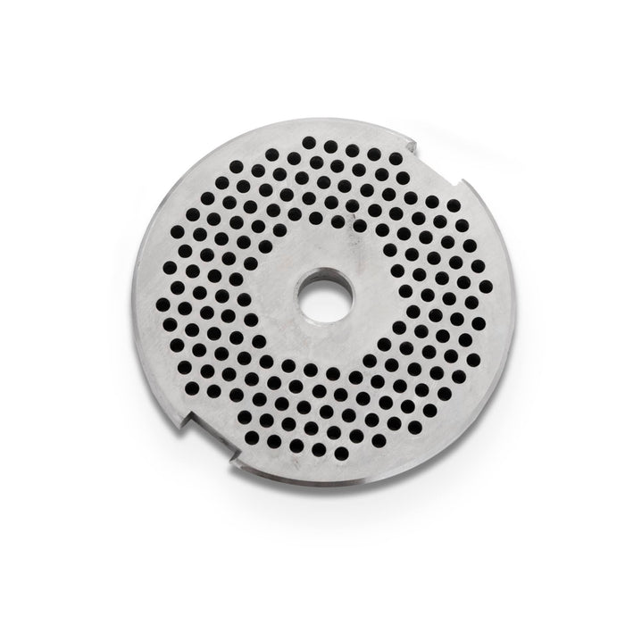 Metal grinder plate with perforated design on a white background