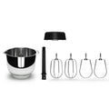 Set of kitchen mixing attachments including a bowl, whisk, and beaters on a white background