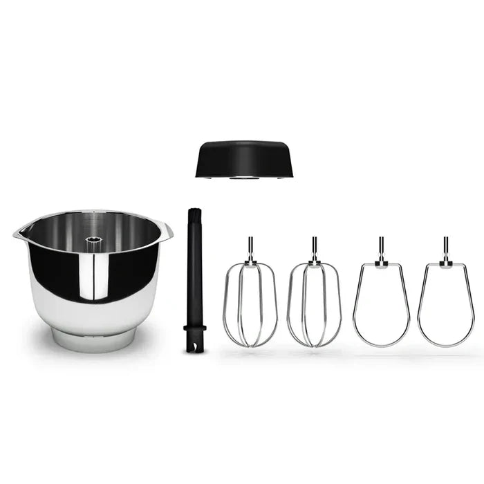 Set of kitchen mixing attachments including a bowl, whisk, and beaters on a white background