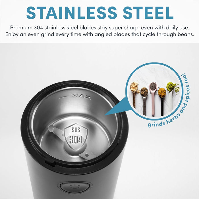 Stainless steel coffee grinder with text highlighting its features on a white background