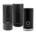 Three black Aroma coffee maker set on a white background
