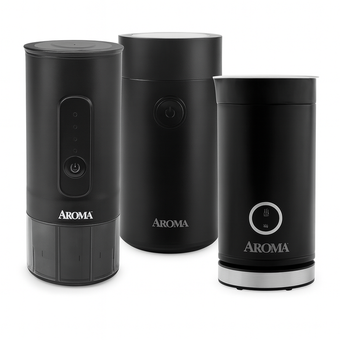 Three black Aroma coffee maker set on a white background
