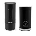 Two black Aroma coffee maker set on a white background