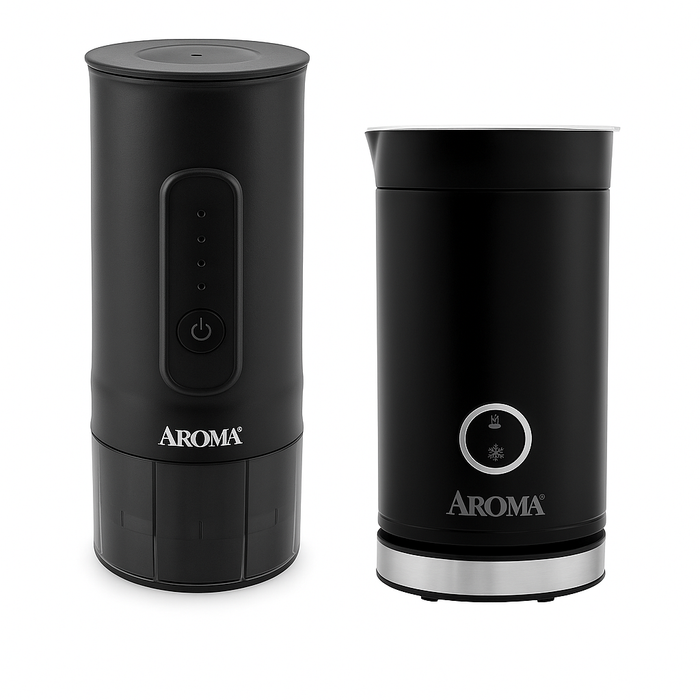 Two black Aroma coffee maker set on a white background