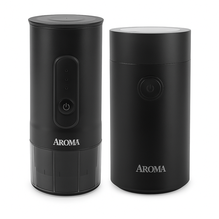 Two black Aroma coffee maker set on a white background