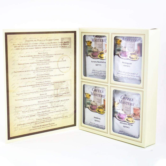Coffee Masters Coffee Beans Around The World In Twelve Coffees Gift Book opened up to the different coffee flavors displayed on a white background