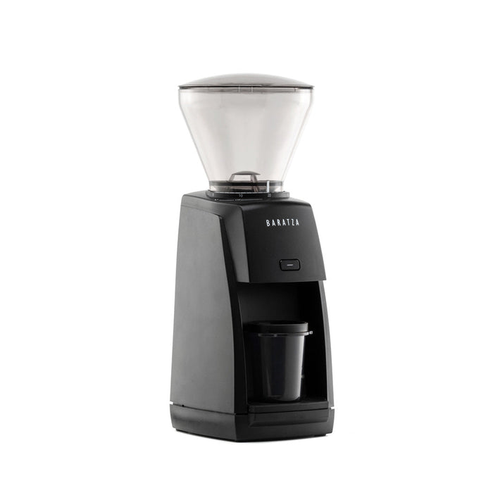 Black Baratza encore coffee grinder displayed on a white background