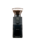 Black coffee grinder with a clear container showing ground coffee on a white background