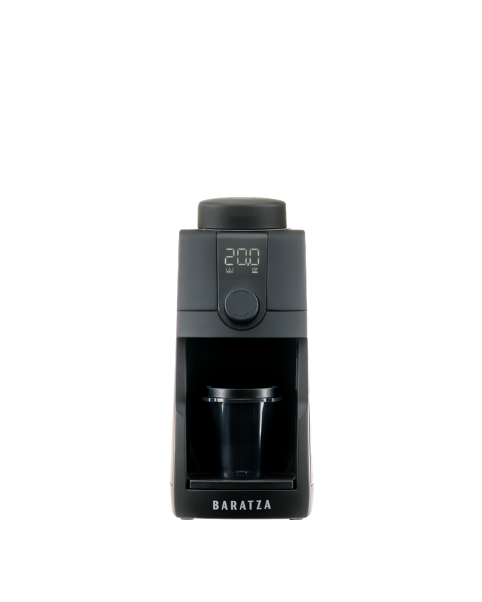 Black coffee grinder with digital display on a white background