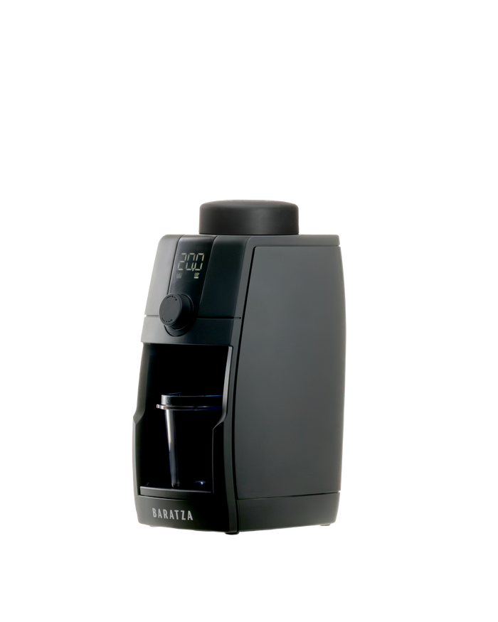 Black coffee grinder with digital display on a white background