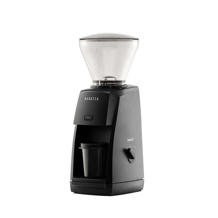 Black Baratza coffee grinder with power switch displayed on a white background