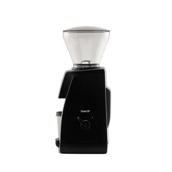 Side view of black Baratza coffee grinder with a power switch displayed on a white background