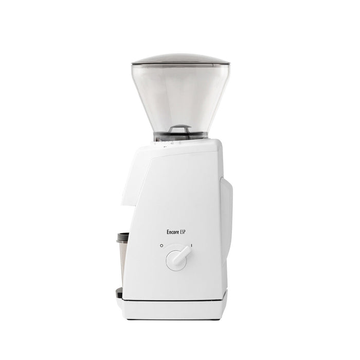 Side view of white Baratza coffee grinder with power switch displayed on a white background