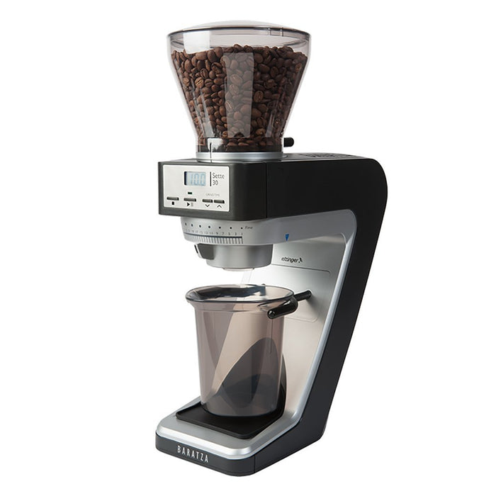 Baratza Sette 30 AP Conical Burr Grinder with coffee beans inside bean hopper displayed on a white background