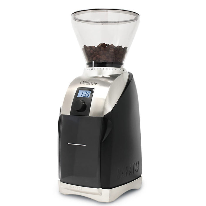 Baratza Virtuoso+ Burr Coffee Grinder with filled coffee bean bean hopper displayed on a white background