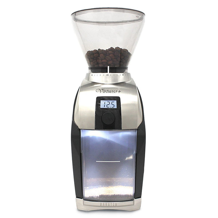Front view of Baratza Virtuoso+ Burr Coffee Grinder with a coffee bean filled bean hopper displayed on a white background