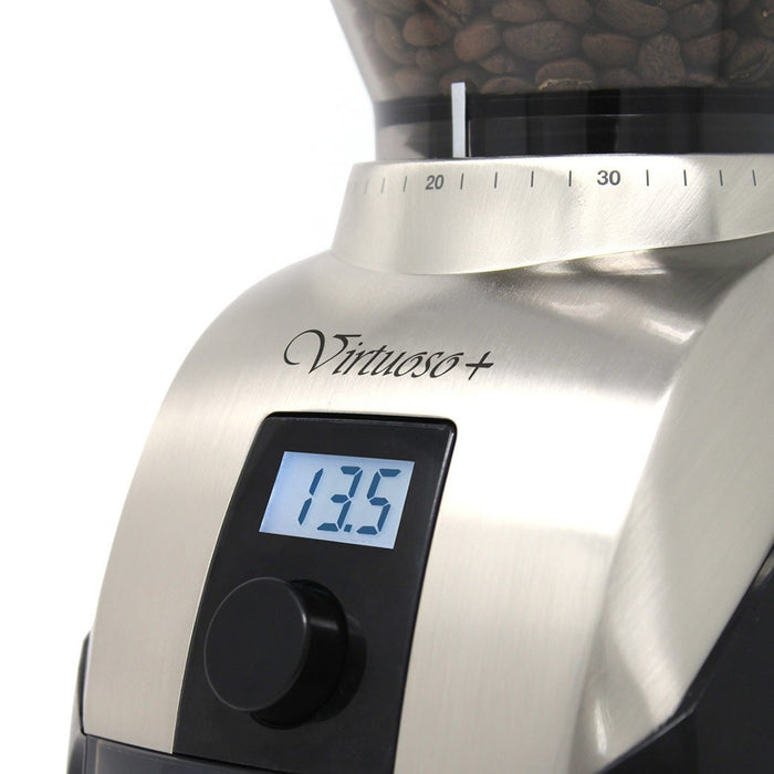 Close up of screen and dial of Baratza Virtuoso+ Burr Coffee Grinder displayed on a white background