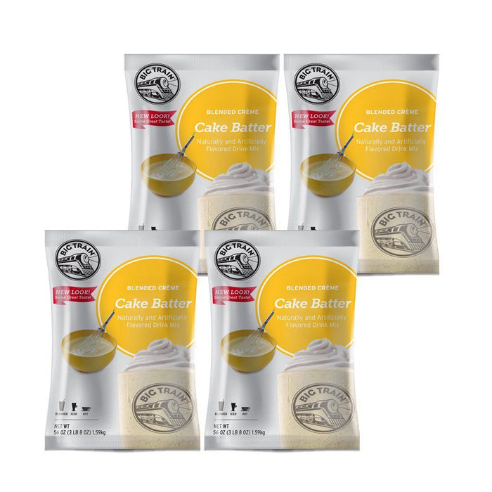 Set of 4 3.5 lb bags Big Train Blended Creme Cake Batter displayed on a white background