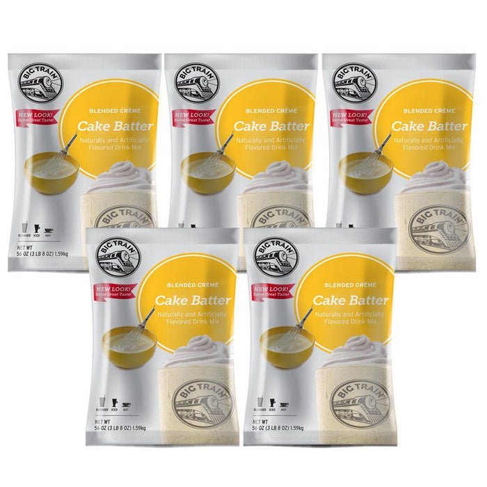 Set of 5 front view of Big Train Blended Coffee Frappe Mix Cake Batter displayed on a white background