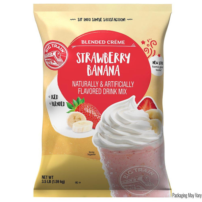 Bag of Big Train Strawberry Banana blended creme drink mix on a white background