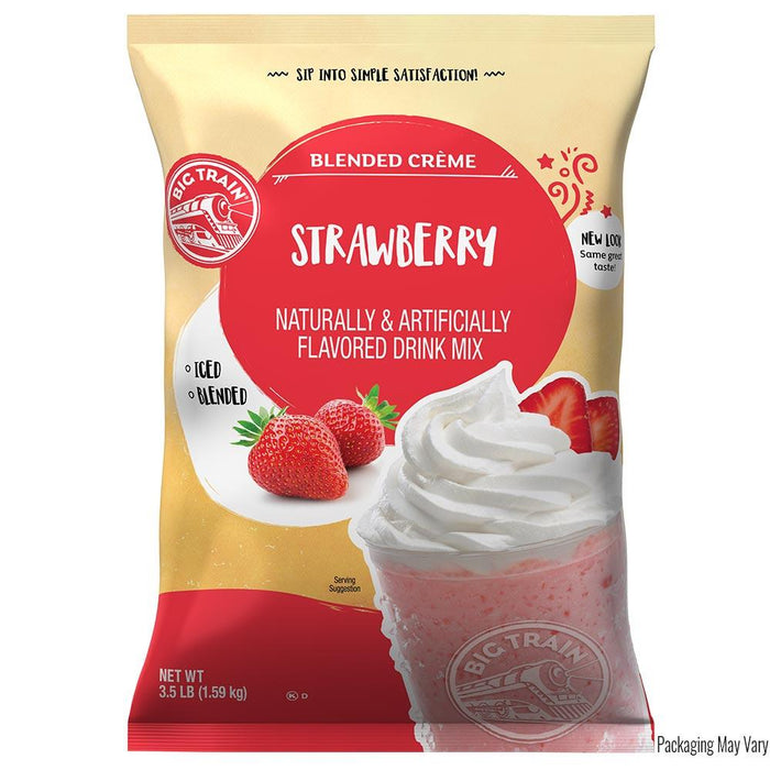 Front view of Big Train Strawberry Blended Creme drink mix package on a white background