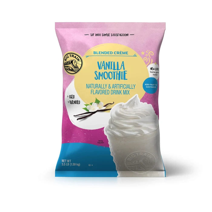 Vanilla smoothie drink mix package with pink and blue design on a white background
