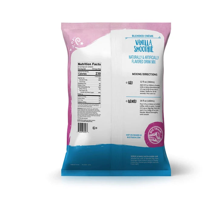 Vanilla smoothie drink mix package with pink and blue design with nutrition facts on a white background