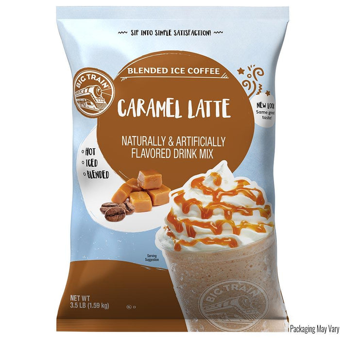 Bag of Big Train Blended Ice Coffee Caramel Latte drink mix on a white background