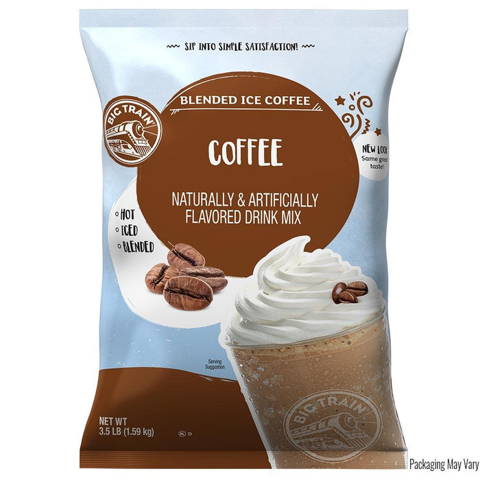 Bag of Blended Ice Coffee with coffee beans and whipped cream on a white background