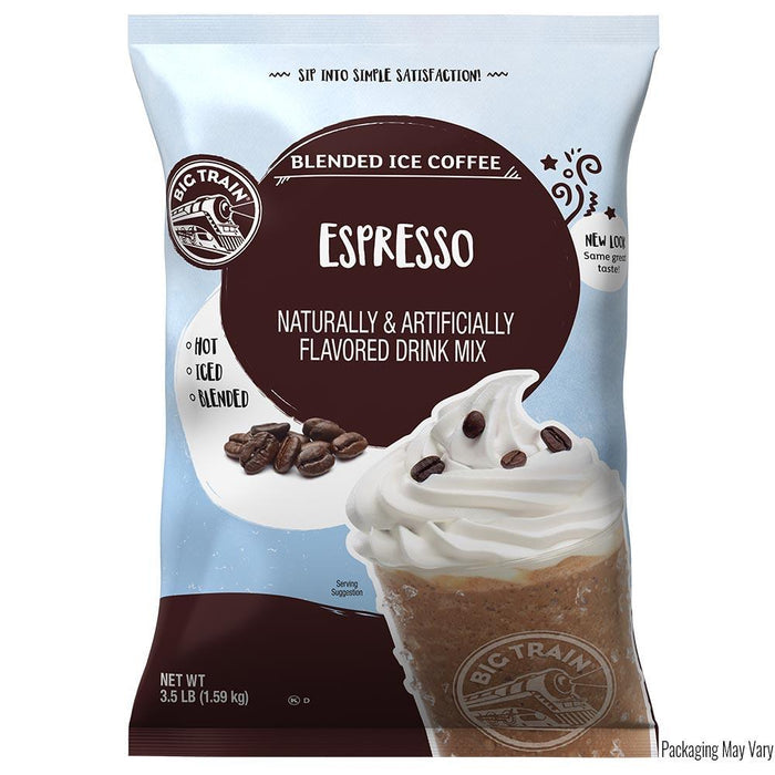 Front view of 3.5 lb bag Big Train Blended Ice Coffee Espresso packaging displayed on a white background