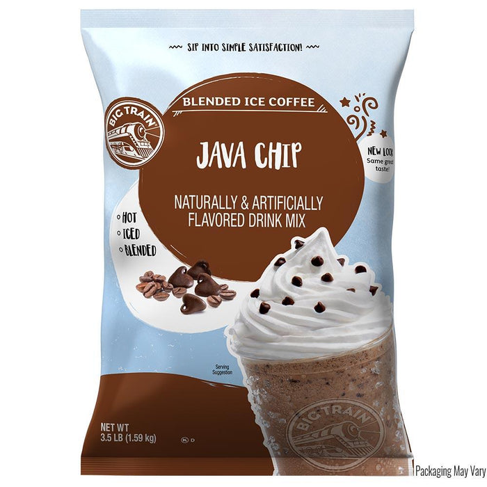 Packaging of Blended Ice Coffee Java Chip flavor with a cup of coffee and whipped cream on a white background.