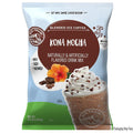 Bag of Big Train Kona Mocha blended ice coffee drink mix with a cup of coffee and flowers on the packaging.