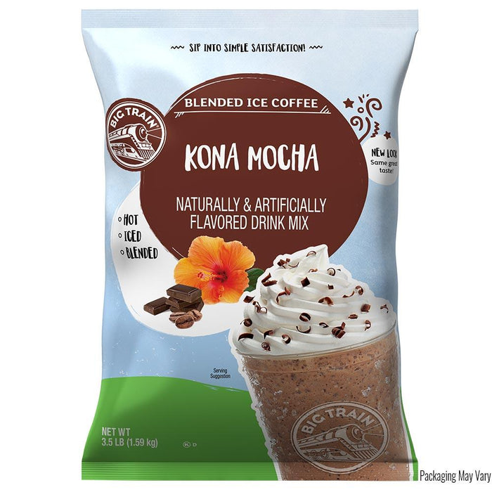 Bag of Big Train Kona Mocha blended ice coffee drink mix with a cup of coffee and flowers on the packaging.