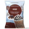 Bag of Blended Ice Coffee Mocha flavor with a cup of coffee on a white background